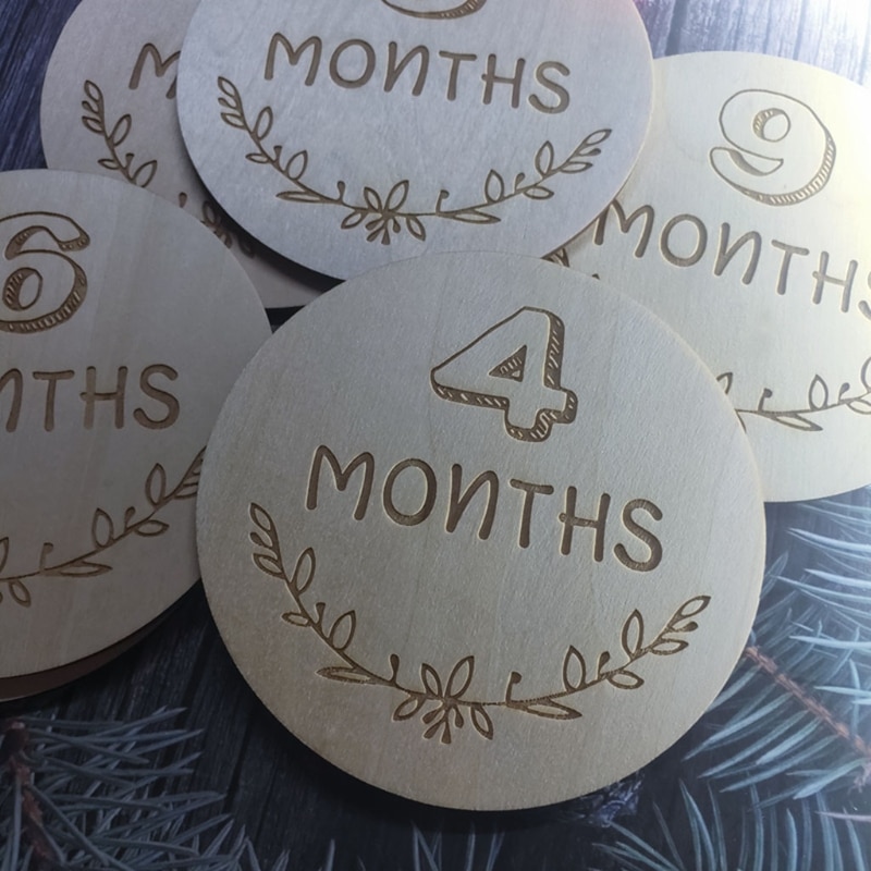 12 Pcs Newborn Monthly Growth Recording Cards Wooden Birth Commemorative Cards