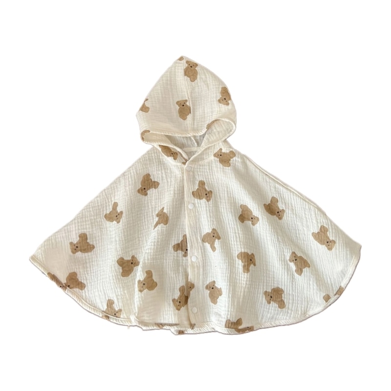 Q81A Breathable Bear Print Baby Cloak for Summer Sun-shade Hooded-Cape for Infant 0-3Y Toddlers Skin-Friendly Walking Clothes
