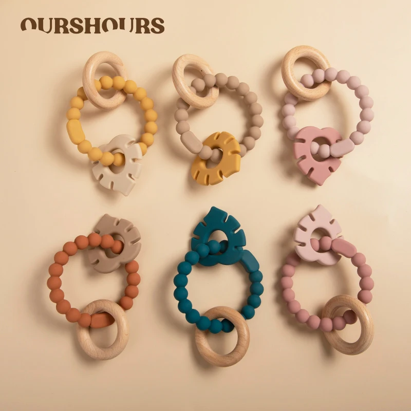 3 in 1 Baby Leaves Pendant Bracelet Teething Wood Ring Food Grade Silicone Infant Molar Care Teether