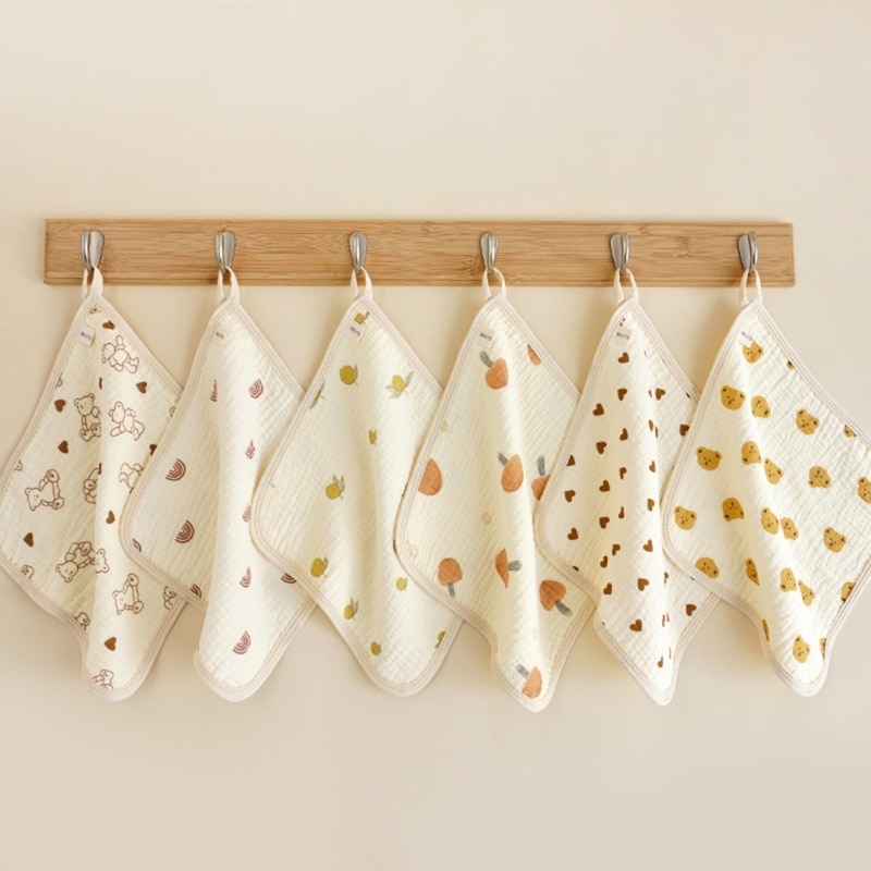 Q81A Baby Face Towel Soft Burp Cloth Breathable Toddler-Wash Cloth Square Towel Drooling Bib Facecloth with Hanging-Hook 6Pcs