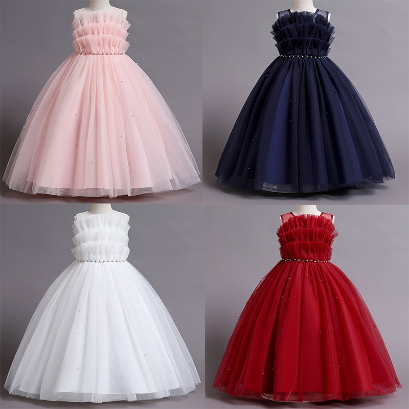 Summer Dress Long Gown Flower Girls Pearl decoration Children Princess Birthday Party Prom Pink Wedding Bridesmaid Vestidos