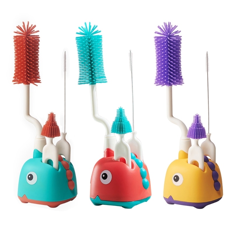 4PCS Silicone Bottle Brushes with Stand 360 Degree Rotation Baby Pacifier Cup Nipple Cleaning Brushes Set Soft Head Food Grade