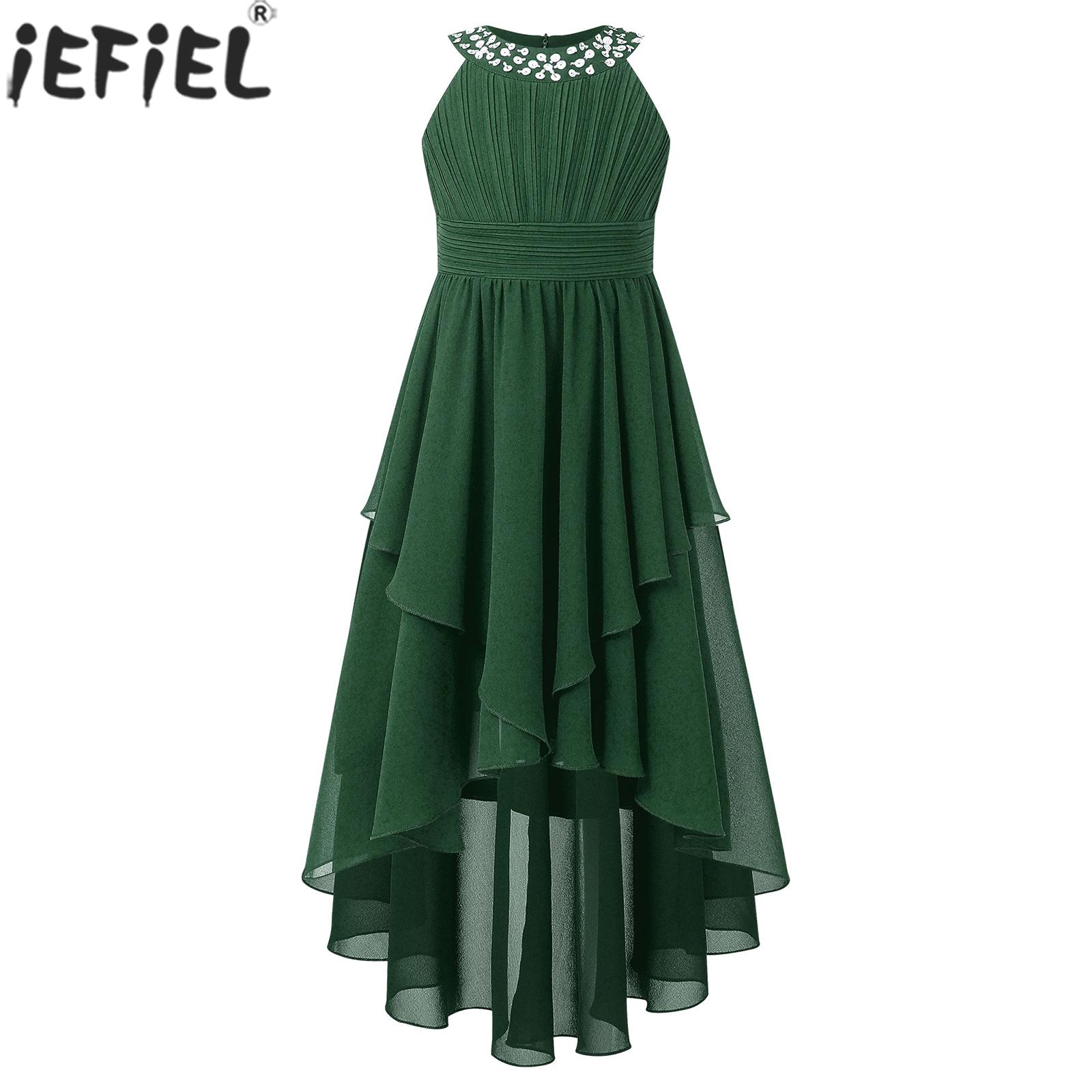 Teens Girls Shiny Beaded Party Dress Wedding Bridesmaid Gown Elegant Ruched Tiered Hi-Lo Chiffon Hem Birthday Princess Dresses