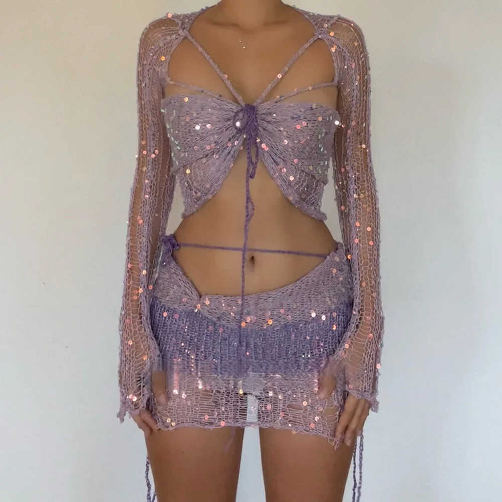 Crochet Knitted Dress Two Piece Skirt Sets 2023 Winter Women Clothes Sexy Crop Tops Elegant Knit