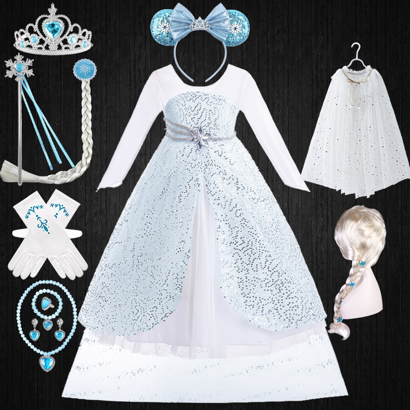 New Carnival Girl Pageant Cosplay Shiny Snow Queen White Elsa Dress + Cloak Christmas Children Princess Masquerade Party Dresses