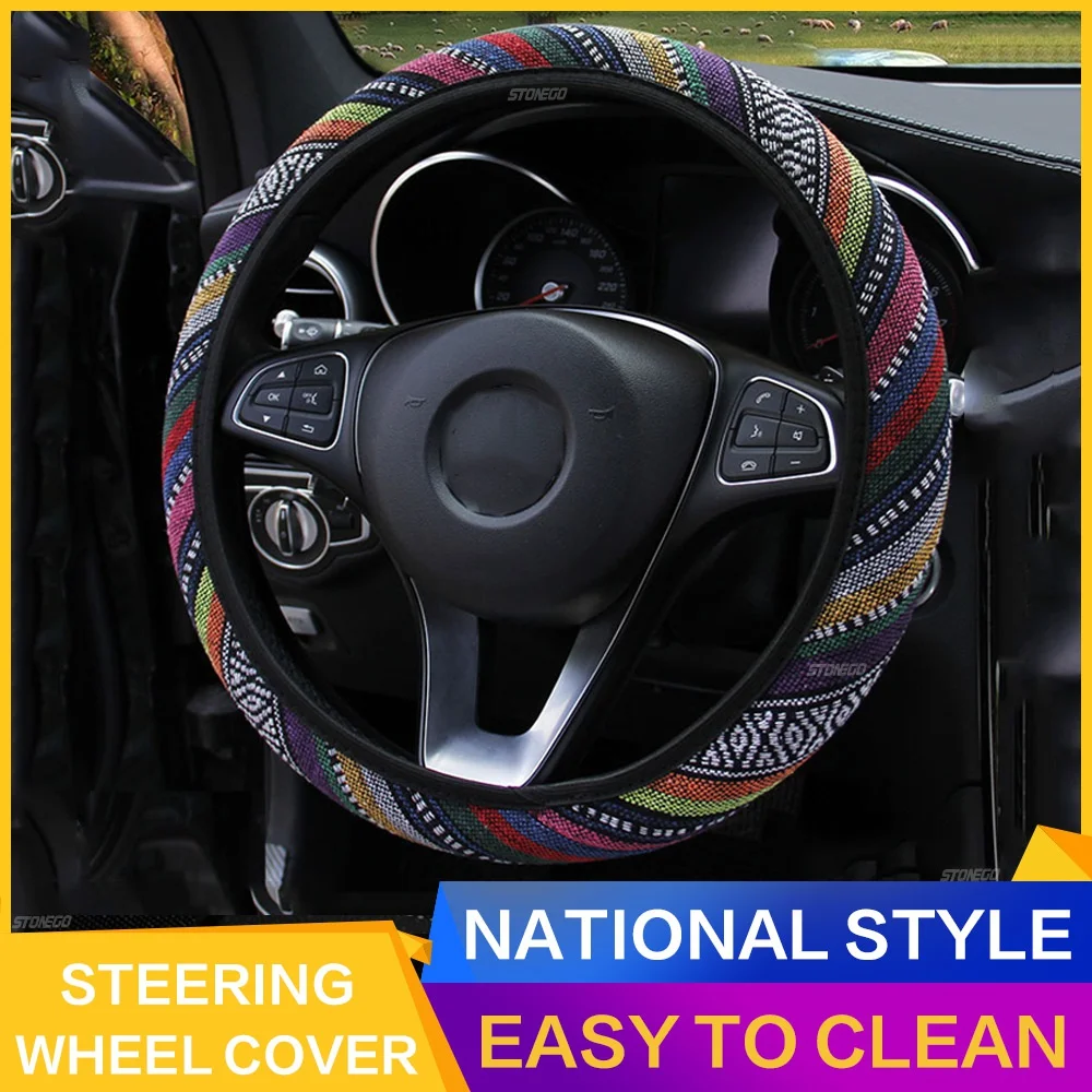 STONEGO High-quality Car Steering Wheel Cover Ethnic Style Fashion Linen No Inner Ring Elastic and