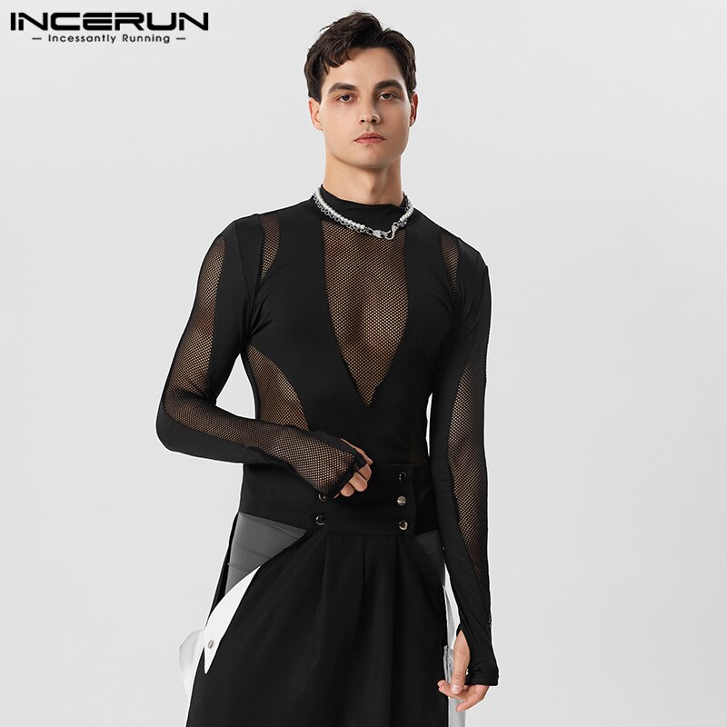 INCERUN Sexy Homewear Mens Mesh Hollow Splice Bodysuits Casual Fashion Male Tight Elastic Sleeve Finger Triangle Jumpsuits S-5XL