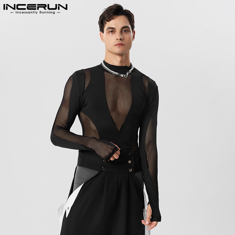 INCERUN Sexy Loungewear Men Mesh Hollow Splice Bodysuits Stylish Male Thin Tight Elastic Sleeve Finger Triangle Jumpsuits S-5XL