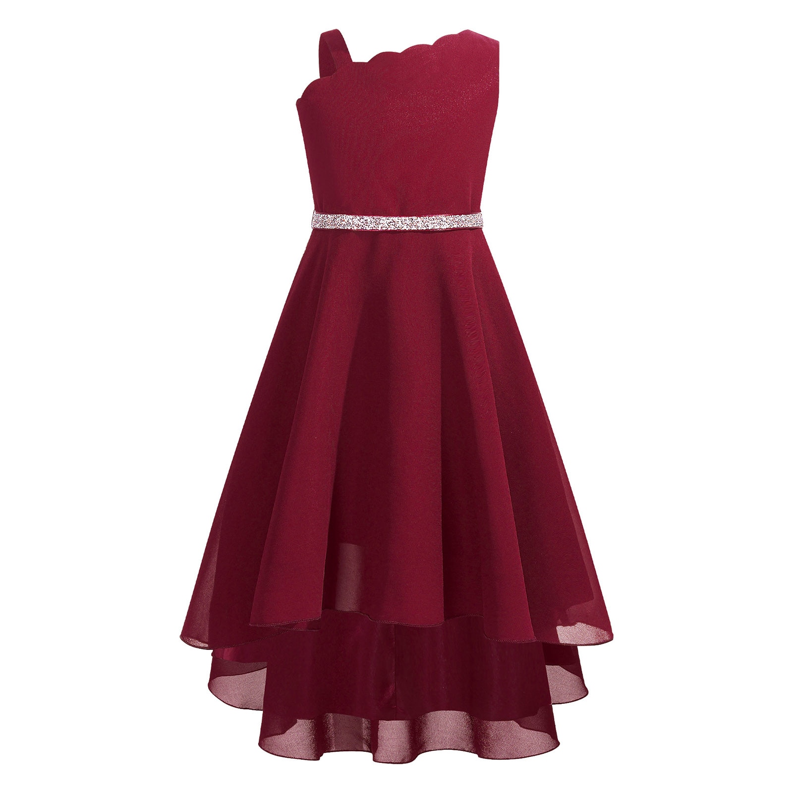 Kids Flower Girls Dress Elegant Asymmetrical Hem Chiffon Dress with Shiny Belt Sleeveless Princess Birthday Prom Party Dresses