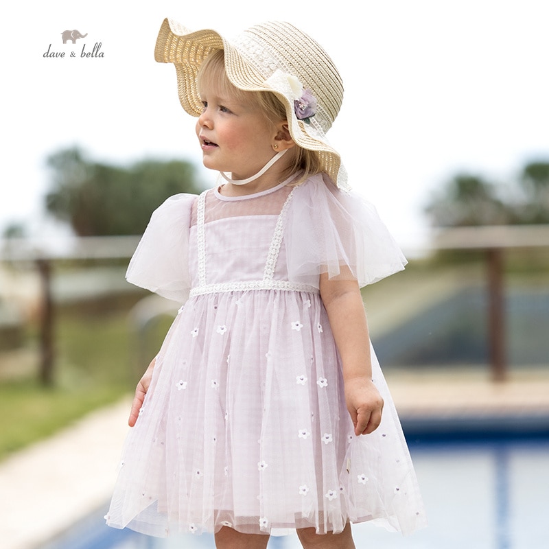 Dave Bella Girl's Dress Children's New Baby 2023 Mesh Foreign Style Noble Lovely Gentle Fashion Summer Princess Party 