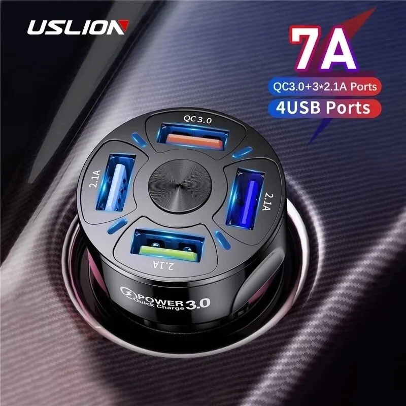 USLION 4 Ports USB Car Charge 48W Quick 7A Mini Fast Charging For iPhone 14 Xiaomi Huawei Mobile