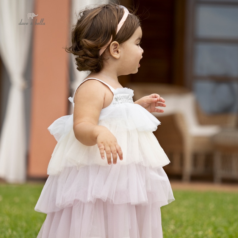 Dave Bella Girl's Dress Children's New Baby 2023 Summer Mesh Lovely Gentle Fashion Princess Fluffy Dress Party Seaside