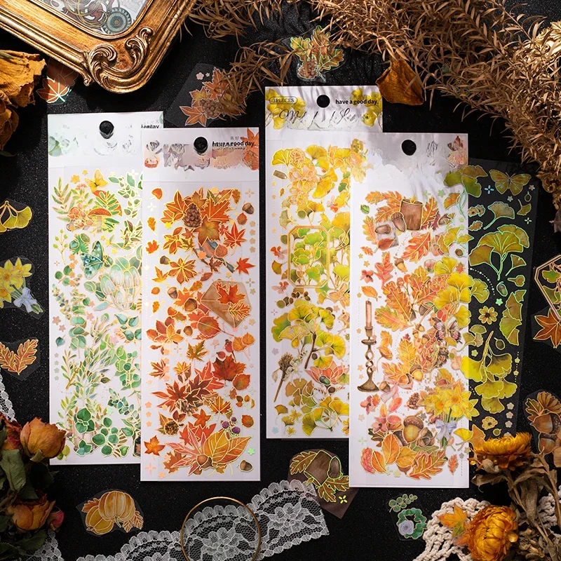 Yoofun 3pcs/pack Aesthetic Laser Golden Stickers Gliding Leaves Adhensive Labels for Album Collage