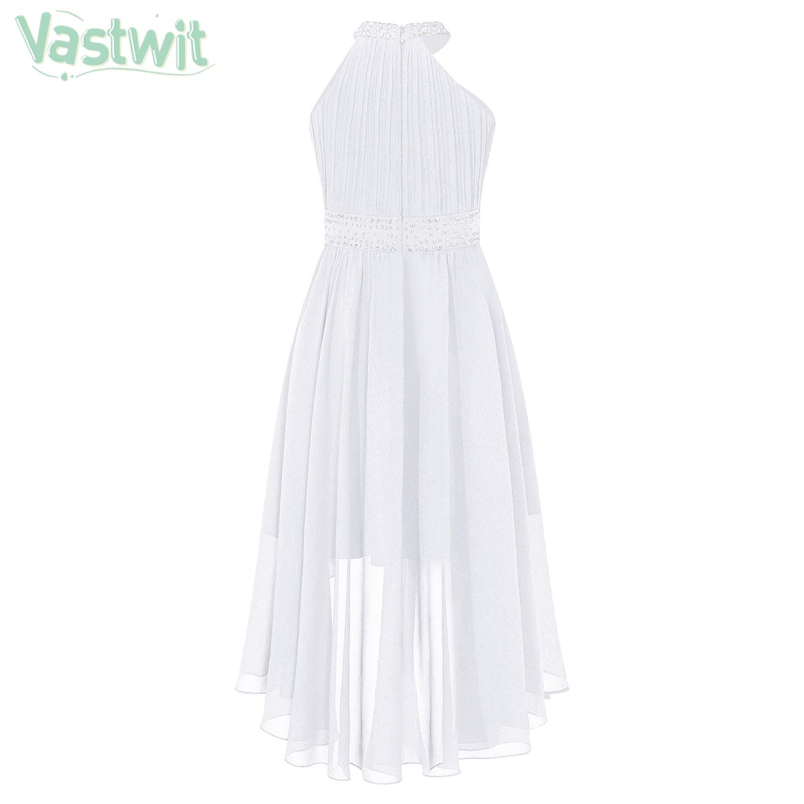 Children Girls Elegant Princess Party Dress Shiny Rhinestone Ruched Bodice Mesh Hi-Lo Chiffon Dress Gown for Wedding Birthday