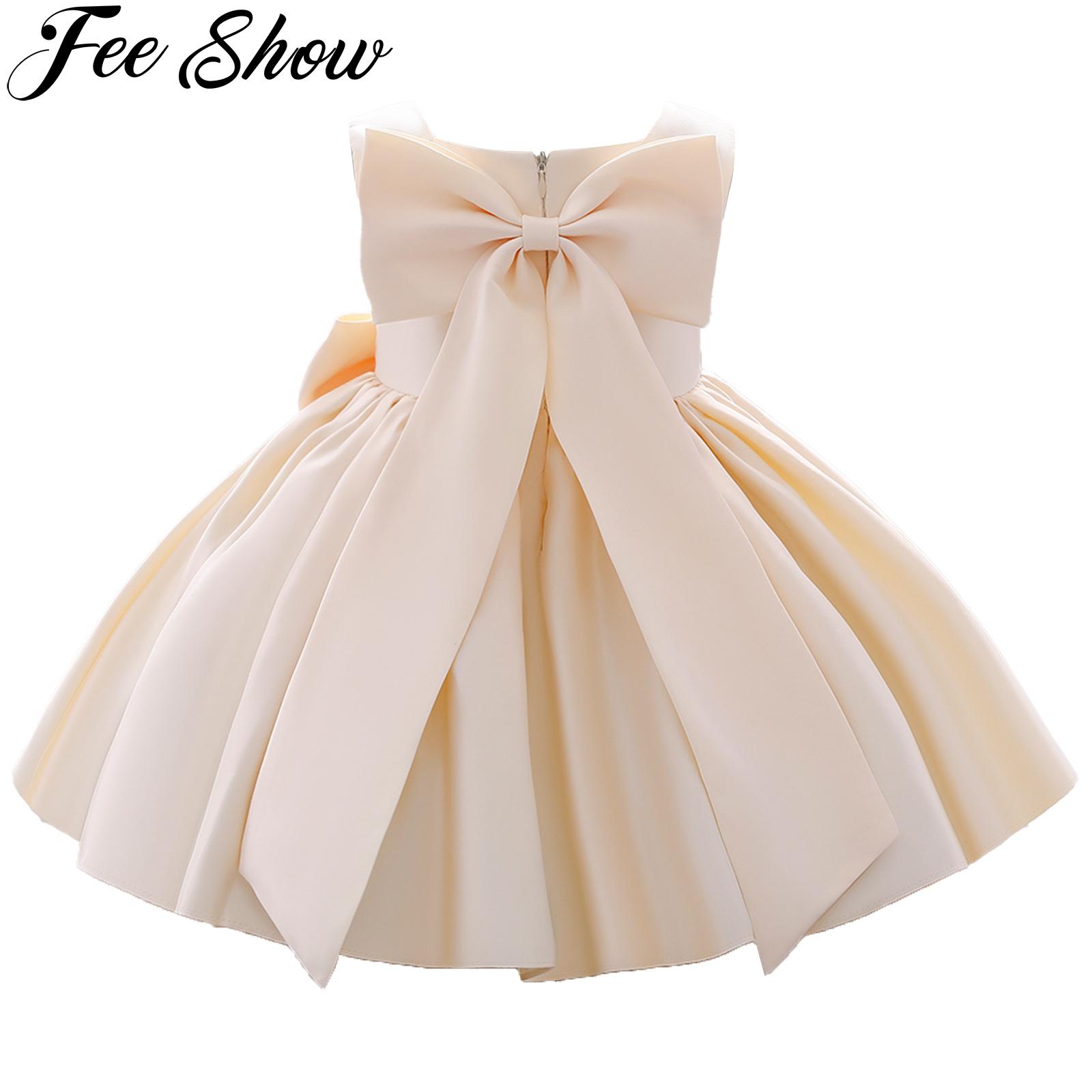 Baby Girls Bowknot Tutu Dress Flower Girl Satin Dresses for Infant Party Wedding Bridesmaid Formal First Communion Baptism Gown