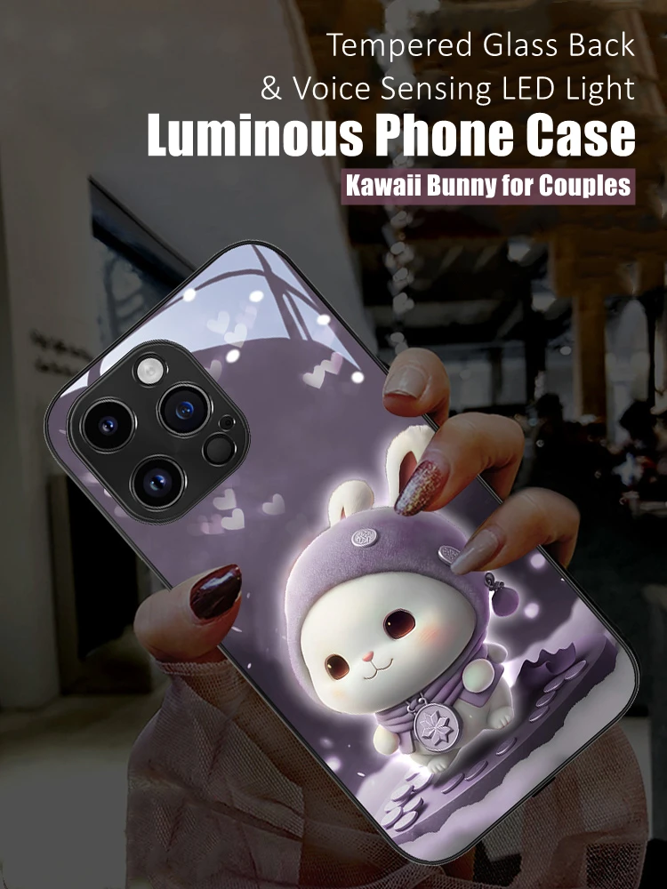 Kawaii Bunny LED Light Glowing Luminous Tempered Glass Back Phone Case for iPhone 15 11 12 13 14 X