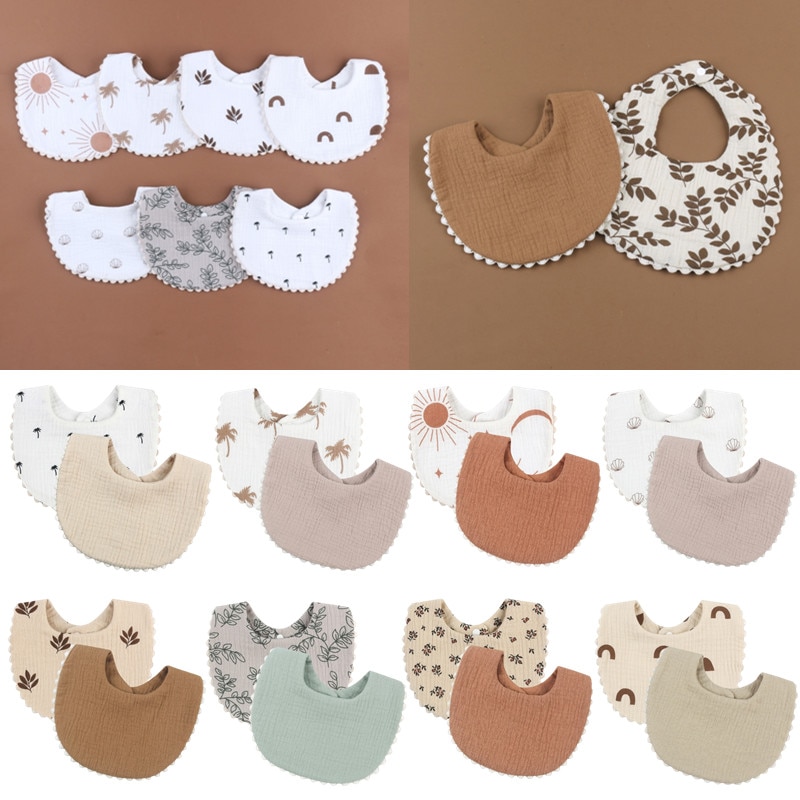 2 PCs New Designs Baby Bibs Cotton Gauze Print Newborn Feeding Saliva Towel Drooling Bib Adjustable Lace Kids Burp Cloths Scarf