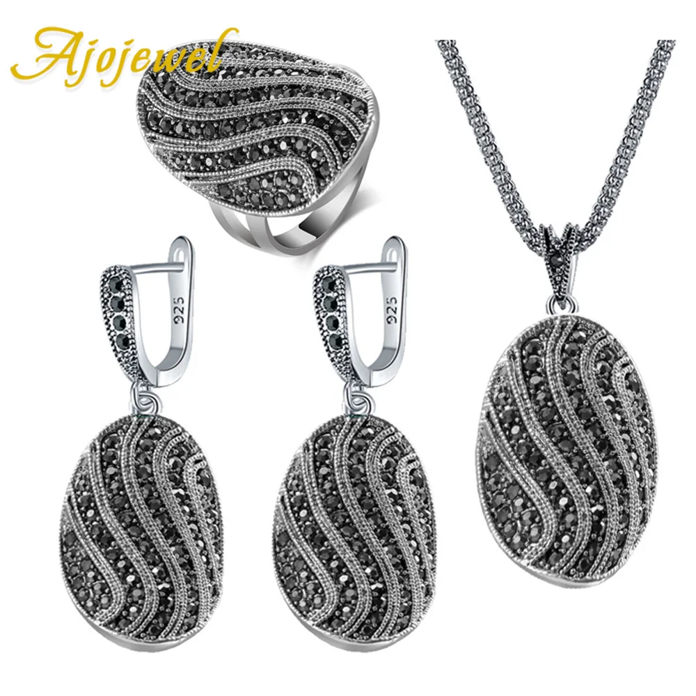 Ajojewel S-shaped Vintage Ladies Jewelry Necklaces And Earring Set Full Rhinestone Black Ring Retro