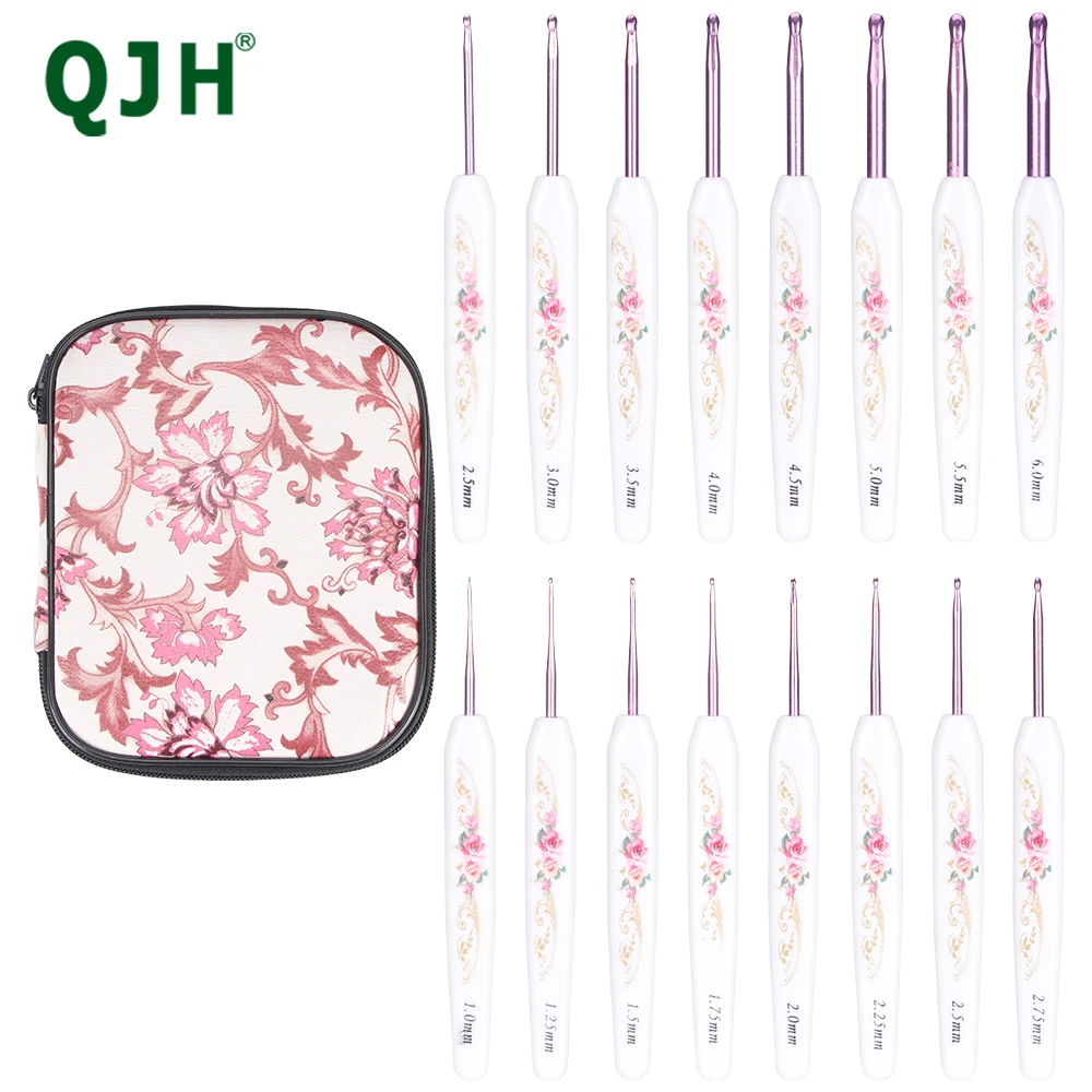 QJH 16pcs/bag Aluminum Crochet Hooks Set Ergonomic Knitting Needles Set with Soft Floral Print for