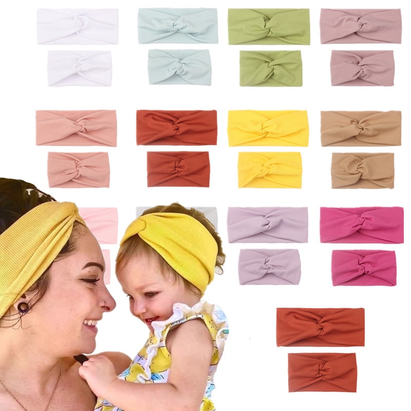 2pcs/set Mother Kids Bow Matching Headband Turban Solid Color Elastic Hair Bands Tie Kerchief for Children Accessories Headwear
