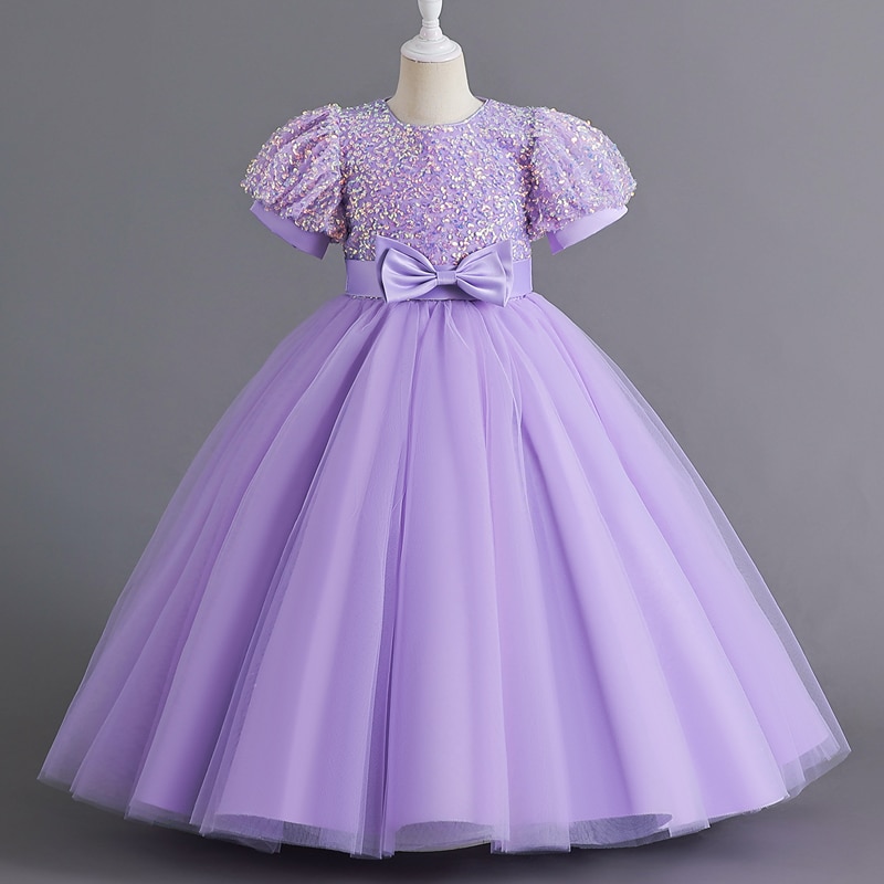 M105 Girls Dresses Children Clothes Baby For Eid 2023 Princess Girls' Gown Bubble Sleeves One Piece Long Mesh Fluffy