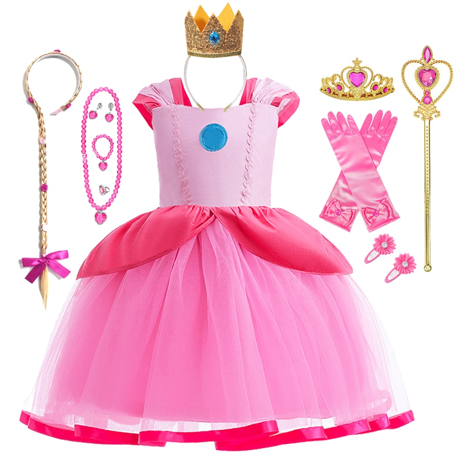 Girls Princess Peach Fancy Costumes Halloween Cosplay Infant Kids Fancy Party Peach Pink Dress Clothes For 1-8 Years