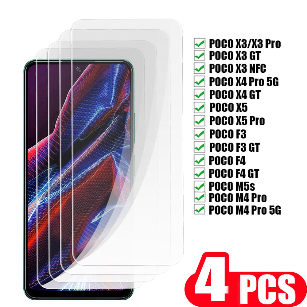 4Pcs Tempered glass For xiaomi Poco M4 pro M5 M5s protective film Poco X3 NFC X4 X5 Pro 5G F3 F4 GT phone screen protector Glass