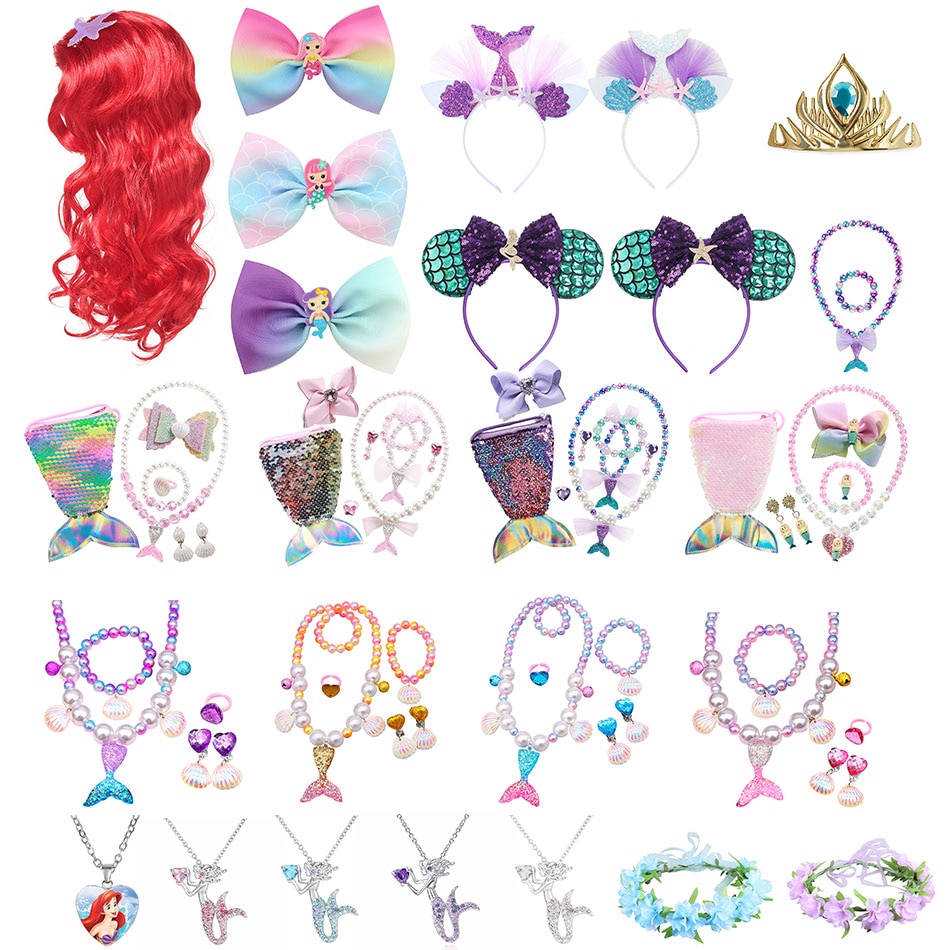 Disney Little Mermaid Crown Necklace Wig Gloves Accessories Children Party Cosplay Outfit Earring Princess Ariel Accessories