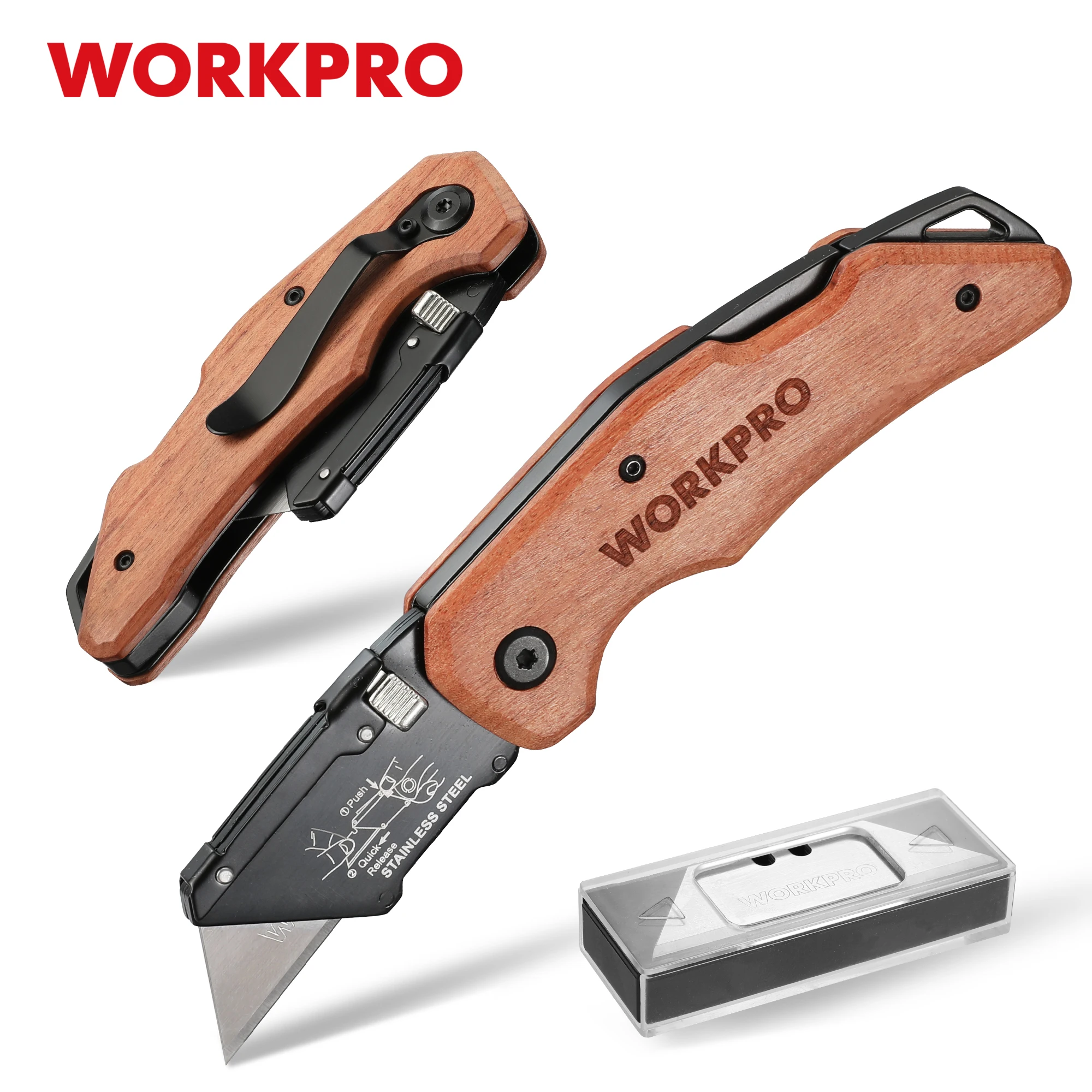 WORKPRO Utility Heavy Duty Folding Knife Pipe Cutter Pocket Knife Wood Handle Knife with 10PCS