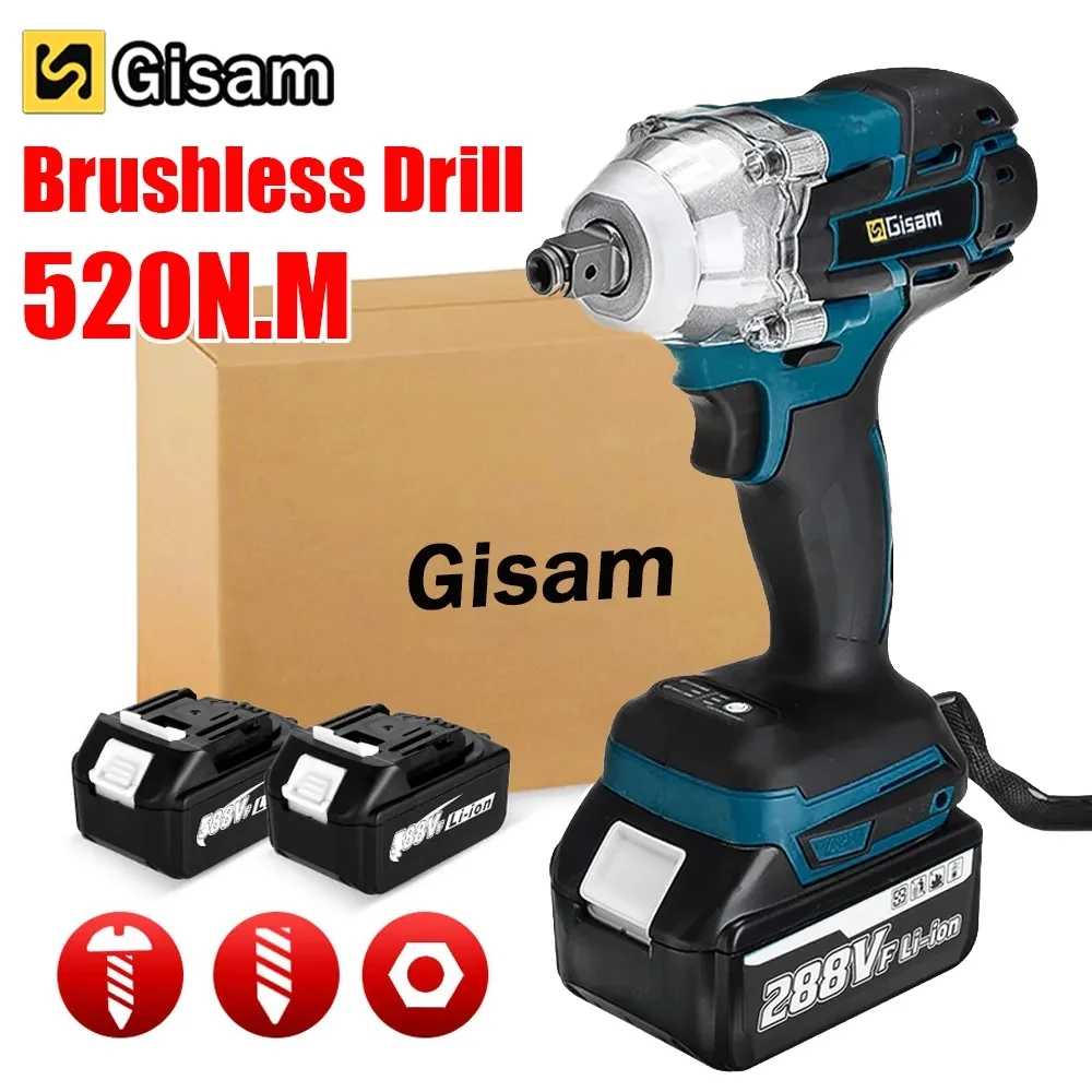 Brushless Electric Impact Wrench 520N.M 1/2" Cordless Battery Screwdriver Rechargeable Wrench Power