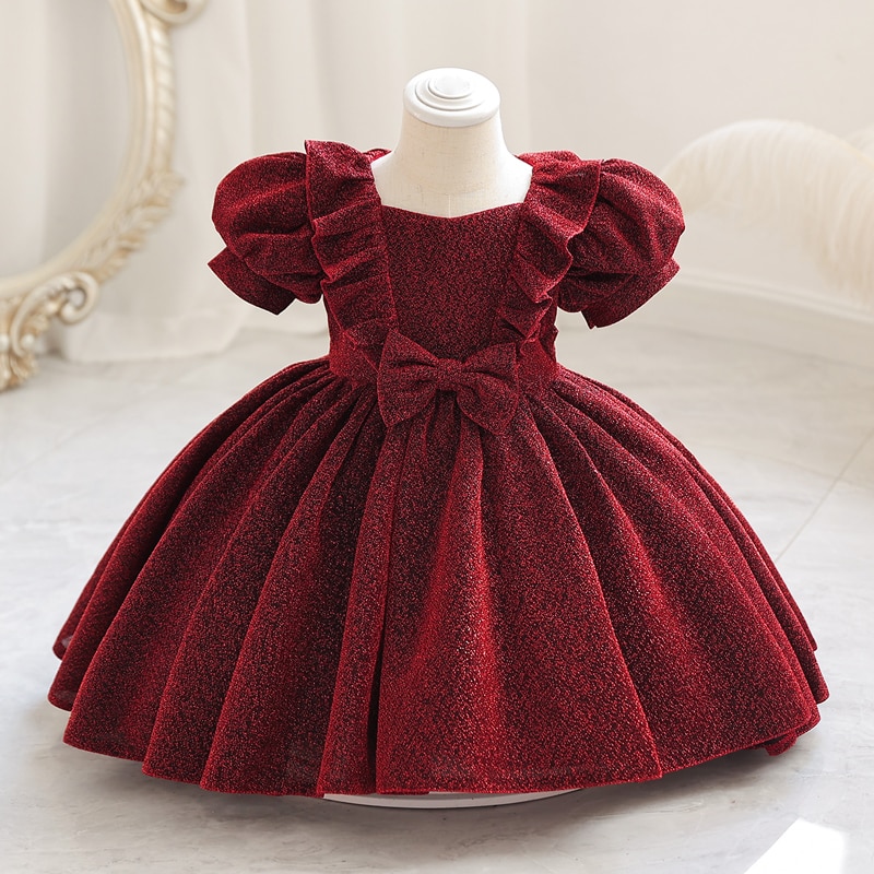 M136 Girls' Dress Palace Style Small Preschool Children's Bubble Sleeve Bowtie Princess Cute Performance Wedding