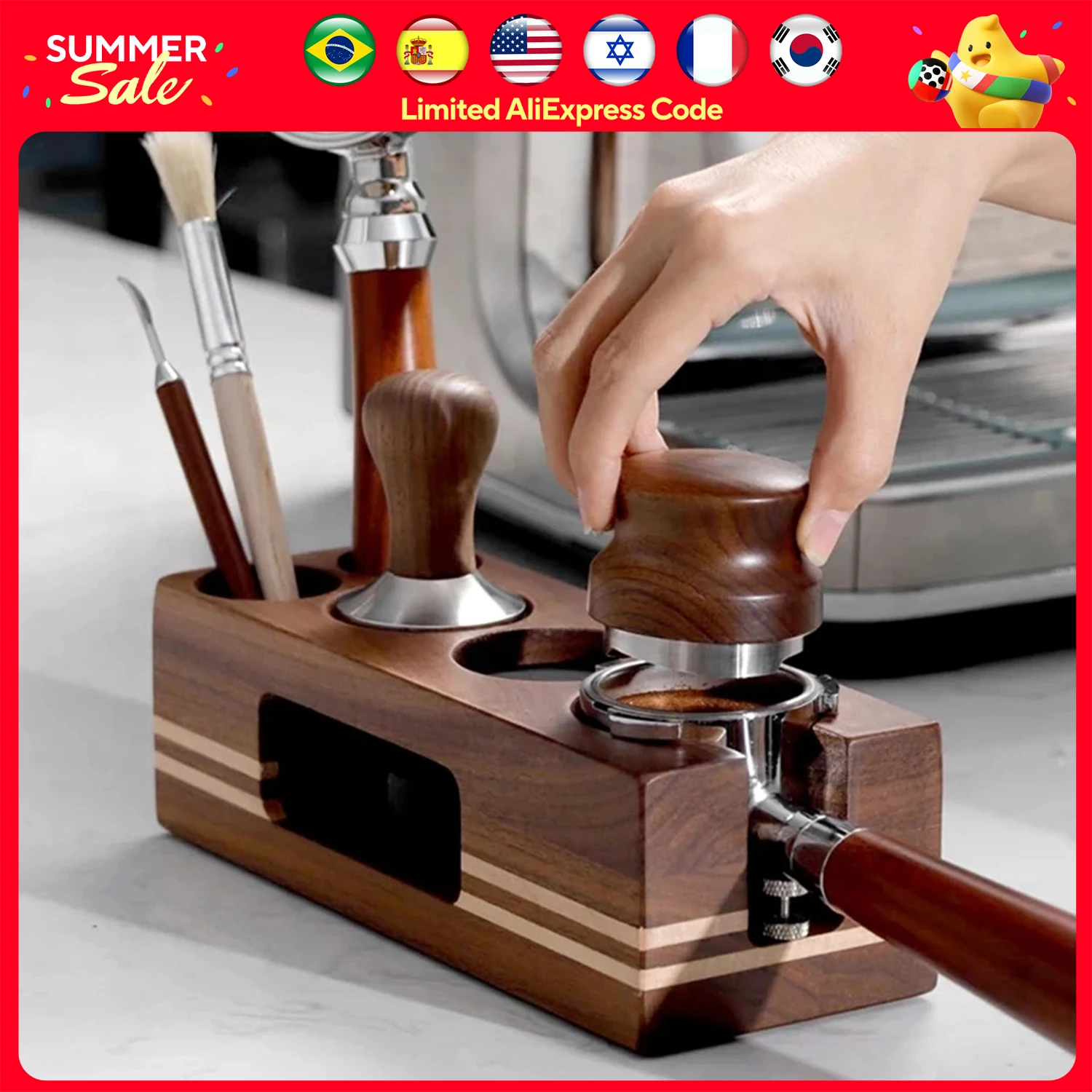 Coffee Tamper Mat Station Stand Portafilter Holder Support Base Rack Walnut Wood For 51MM 54MM 58MM