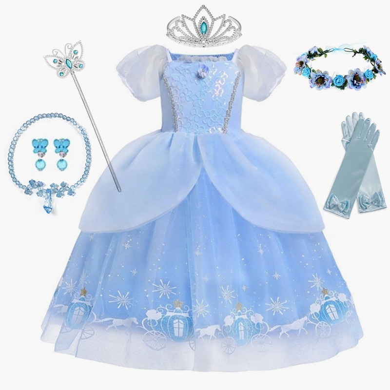 Cinderella Princess Cosplay Dress for Girl Kids Ball Gown Sequin Carnival TUTU Puff Mesh Clothing for Birthday Party Gifts