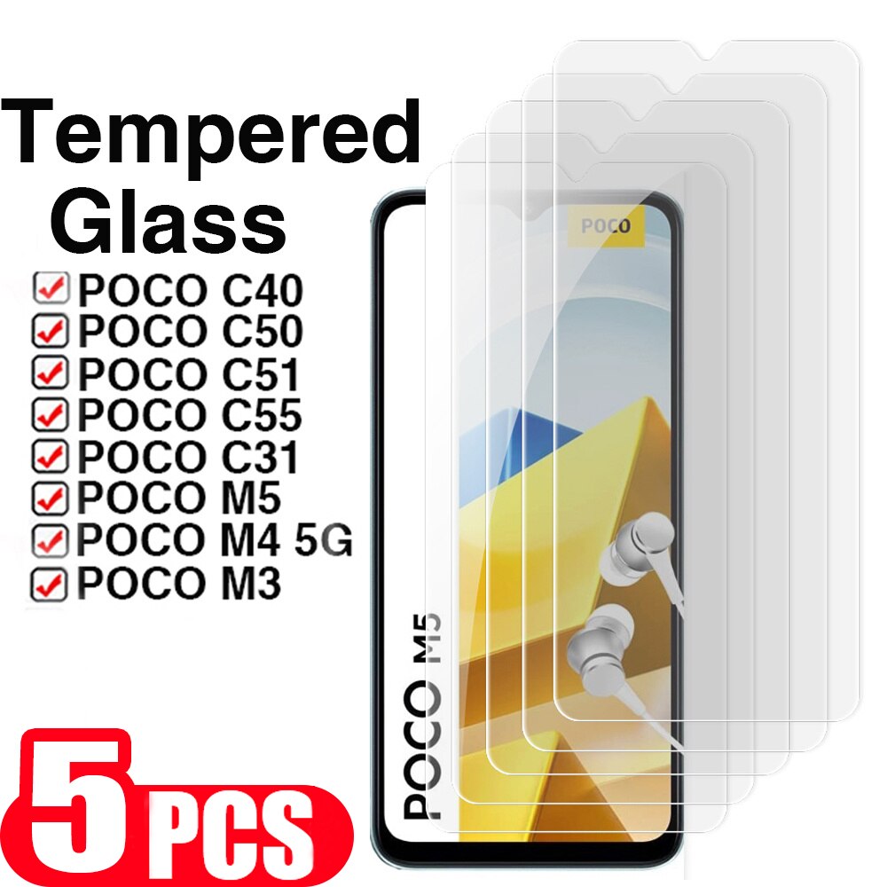 5PCS For xiaomi Poco C50 C40 M4 M5 F5 Pro C51 C55 M3 C31 Tempered glass smartphone screen protector phone protective film glass