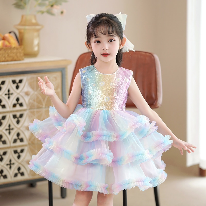 Girl's dinner dress sequin gradient mesh gauze shaggy short style princess wind dress sleeveless performance evening dress 