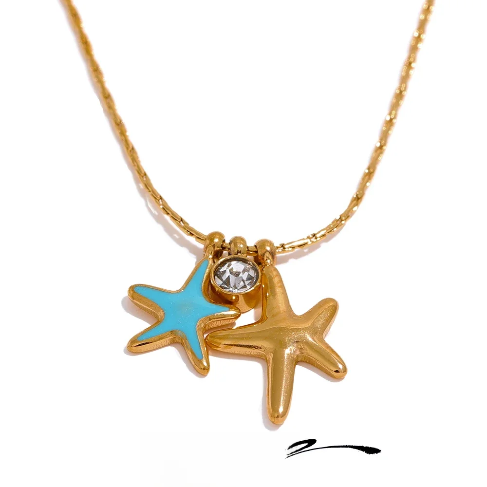 Yhpup Summer Starfish CZ Pendant Stainless Steel Stylish Necklace for Girl Cute Gold Color