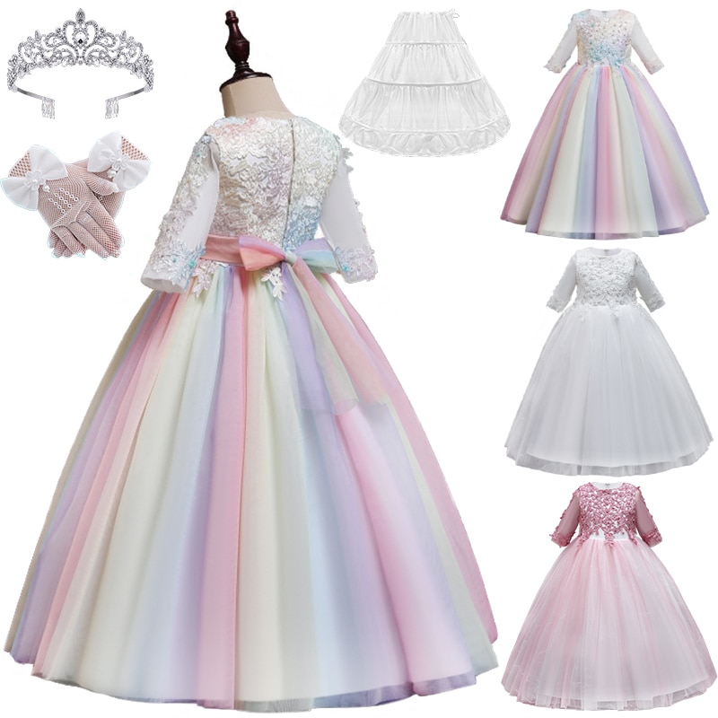 Luxury Children's Dresses Rainbow Lace Flower Young Girl Long Wedding Bridesmaid Formal Occasion Host Graduation Ceremony D