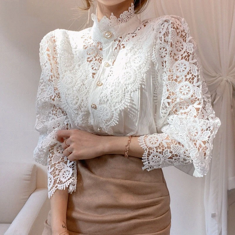 Spring Sweet Hollow Out Lace Patchwork Blouse Autumn Button White Top Women Blusas Petal Sleeve