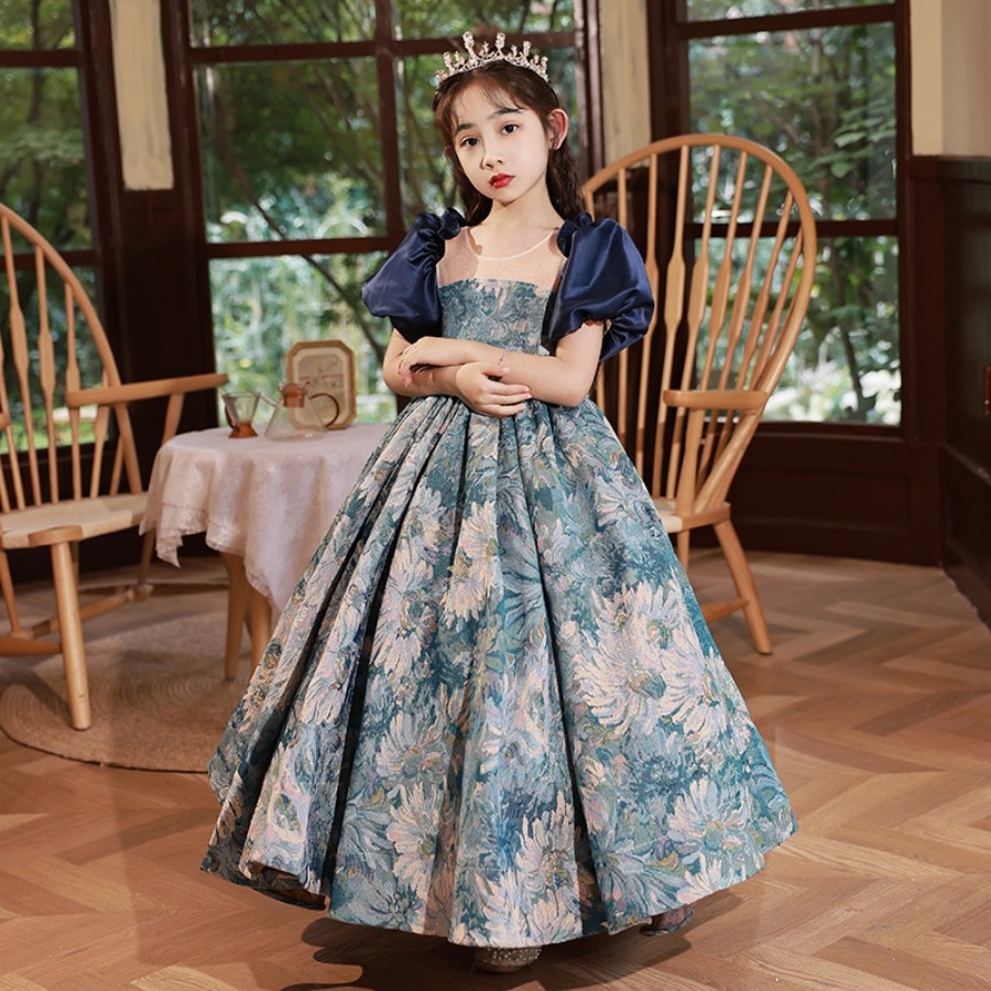 Princess Back Tie Puff Sleeve Birthday Party And Graduation Mid Calf Dress 3 To 14 Year Teen Girls Evening And Dinner Ball Gown