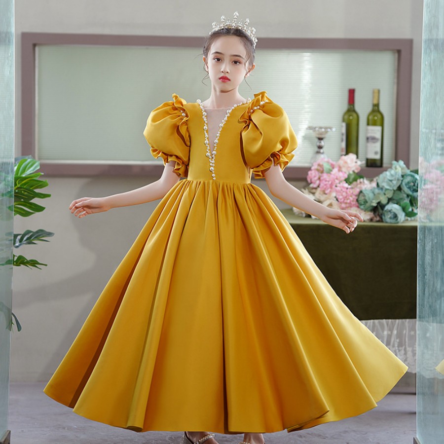 Princess Backless Puff Sleeve Pageant And Model Show Dress 3 To 14 Years Girls Elegant Festival And Special Occasion Gown Yellow
