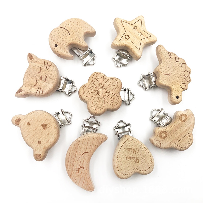 1Pcs Baby Beech Wood Animal Pacifier Chain Soother Clip Wooden Comfort Pacifier Clip Anti-Drop Animal Pattern For Nursing Chew