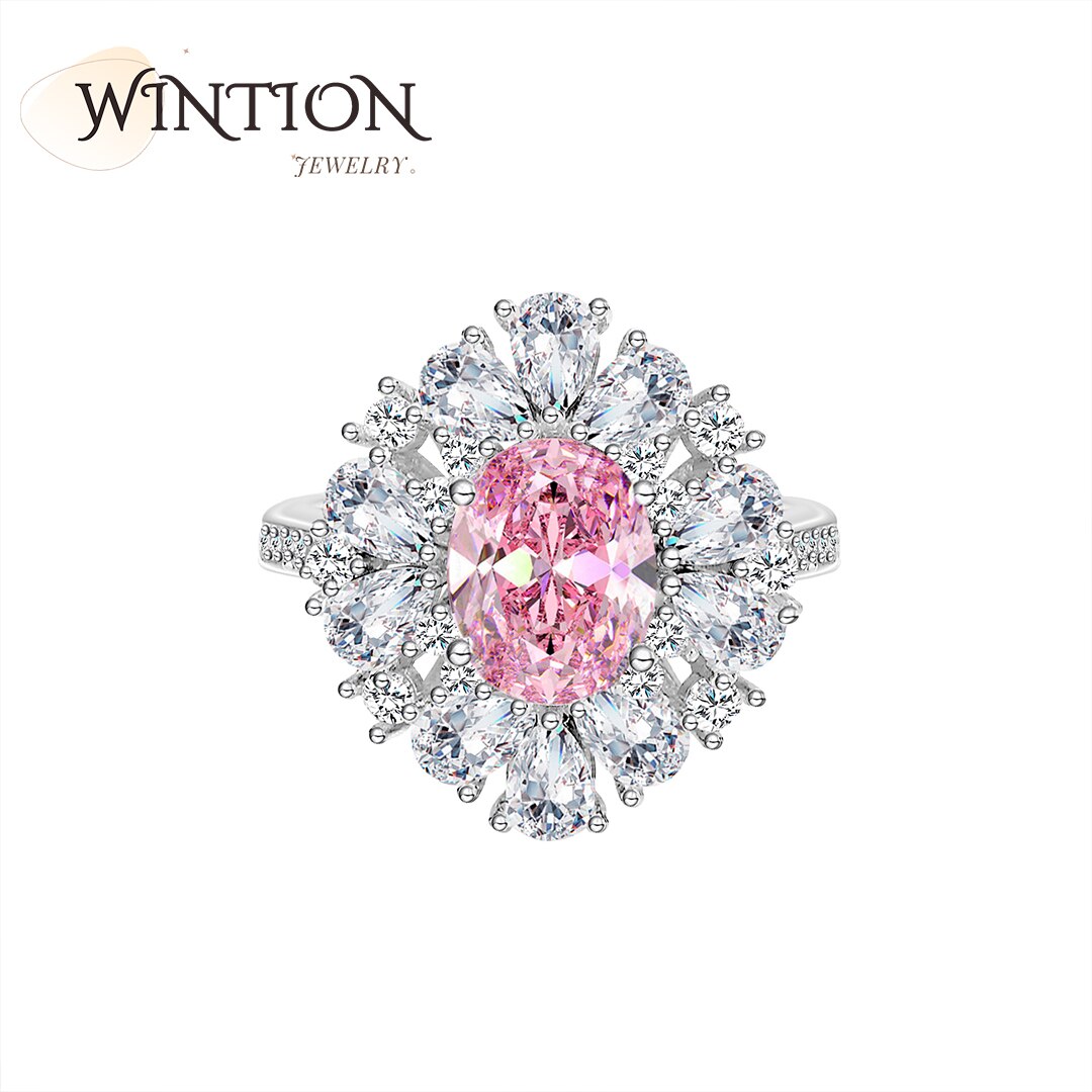 WINTION 925 Sterling Silver Ring For Women 7x9mm Pink Zircon Wedding Jewelry Engagement Gift Birthday Present For Lady