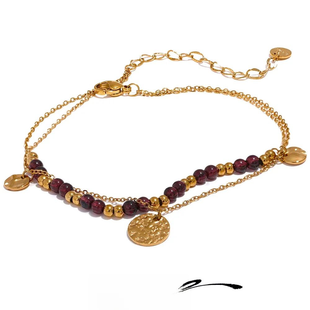 Yhpup Stainless Steel Layered Summer Anklet 2023 Chic Stylish Jewelry Fashion Natural Garnet Stone