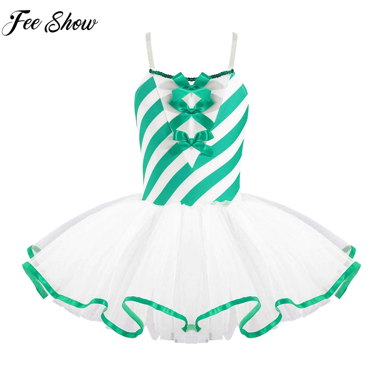 Kids Girls Christmas Dance Dress Sleeveless Adjustable Straps Bowknot Adorned Stripes Print Mesh Tutu Dress