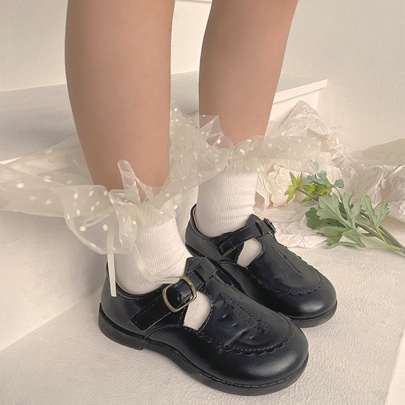 Cute Girls Lolita Princess Bow with Ruffles Lace Polka Dots High Long Socks 2023 Summer White Cotton Children Stockings for Kids