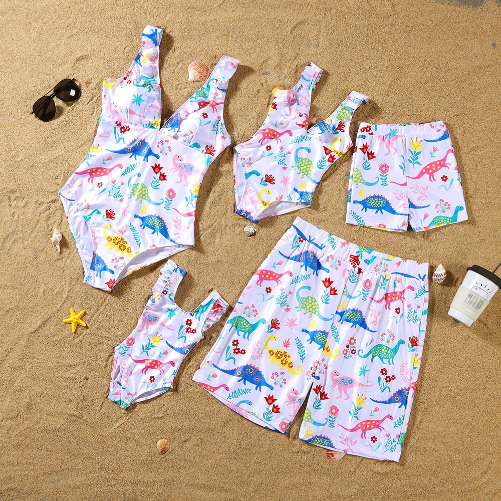 Summer New Family Matching Dinosaur Print V-neck Striped Swim Trunks Shorts And One-Piece Swimsuit