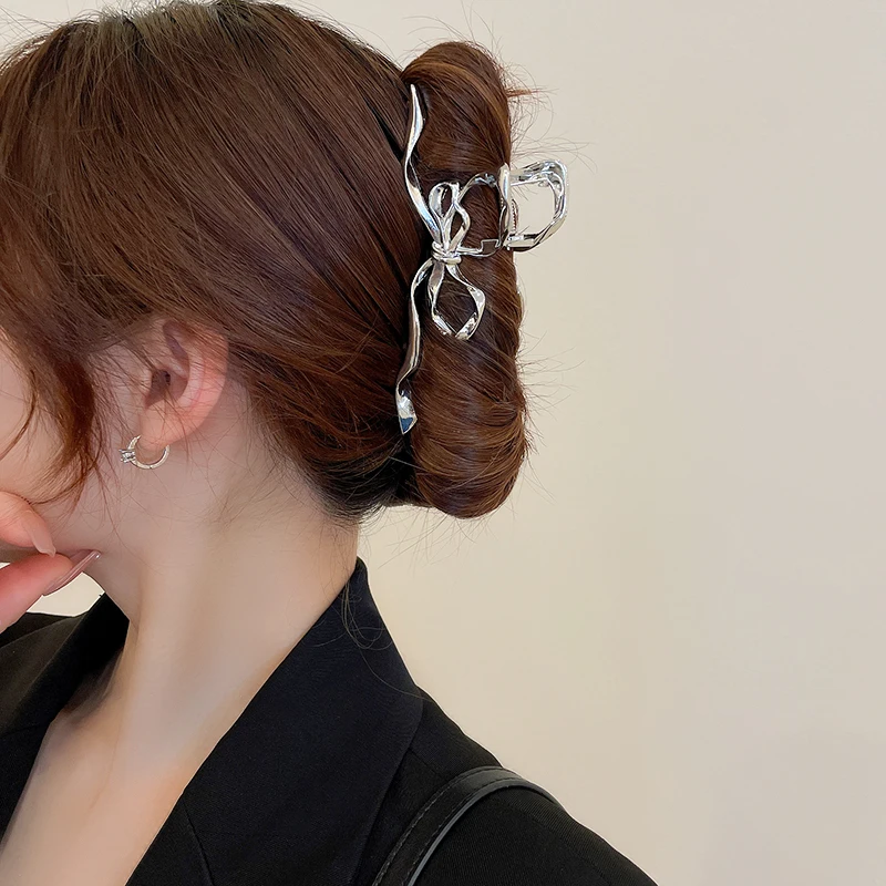 Silver Folded Bow Hair Clip for Women Fashion Minimalist Hair Claws Trendy New Hair Accessories