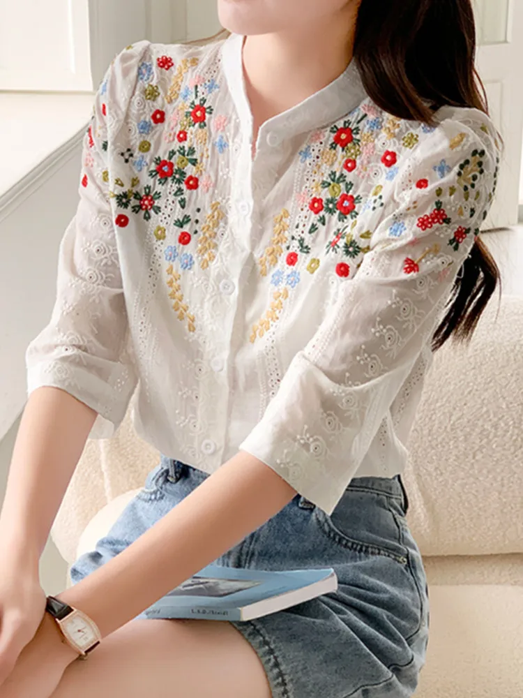 SMTHMA Summer New Vintage Embroidered Flower Jacquard Shirt For Women Romantic Gentle Style