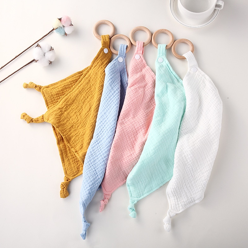 Double Towel Baby Burp Newborn Teether Ring Comforter Soothe Muslin Wood Towel Snap Cotton with 31x31cm Button Appease Cloth