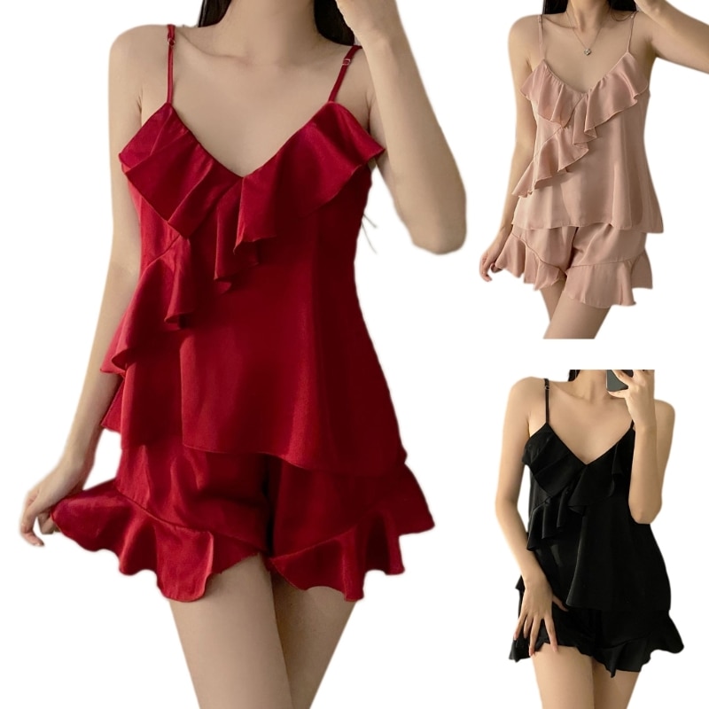Solid Color Satin Lotus Neckline V-Neck Sleeveless Sleepwear Shorts Two-Piece Wholesale
